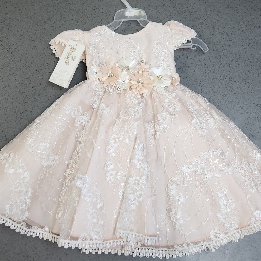 NWT Elegant Cream Kids Dress with Floral Accents Size 1